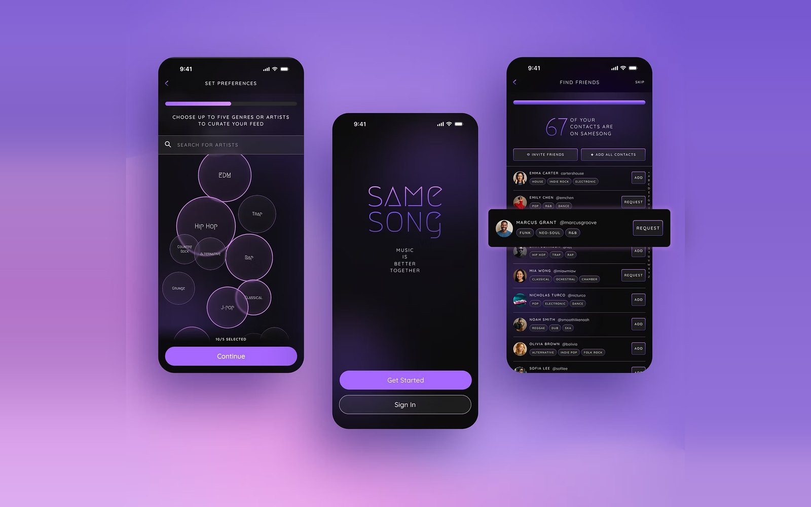 Three samesong onboarding screens on a purple gradient: choosing genres as floating bubbles, the welcome screen reading Music is better together, and finding friends from your contacts