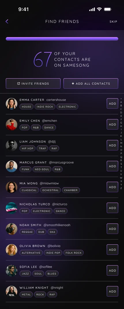 The find friends screen: a large 67 reading of your contacts are on samesong, Invite friends and Add all contacts buttons, and a list of contacts, each with genre tags like house, indie rock, funk, and jazz, and an Add button