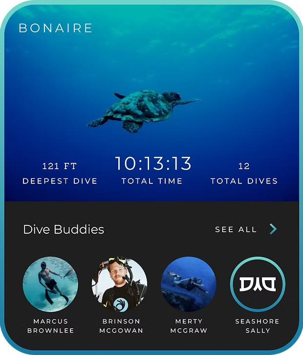 Dive Trips concept: a Bonaire trip card with a sea turtle, deepest dive 121 feet, total time 10:13:13, 12 total dives, and a row of dive buddies