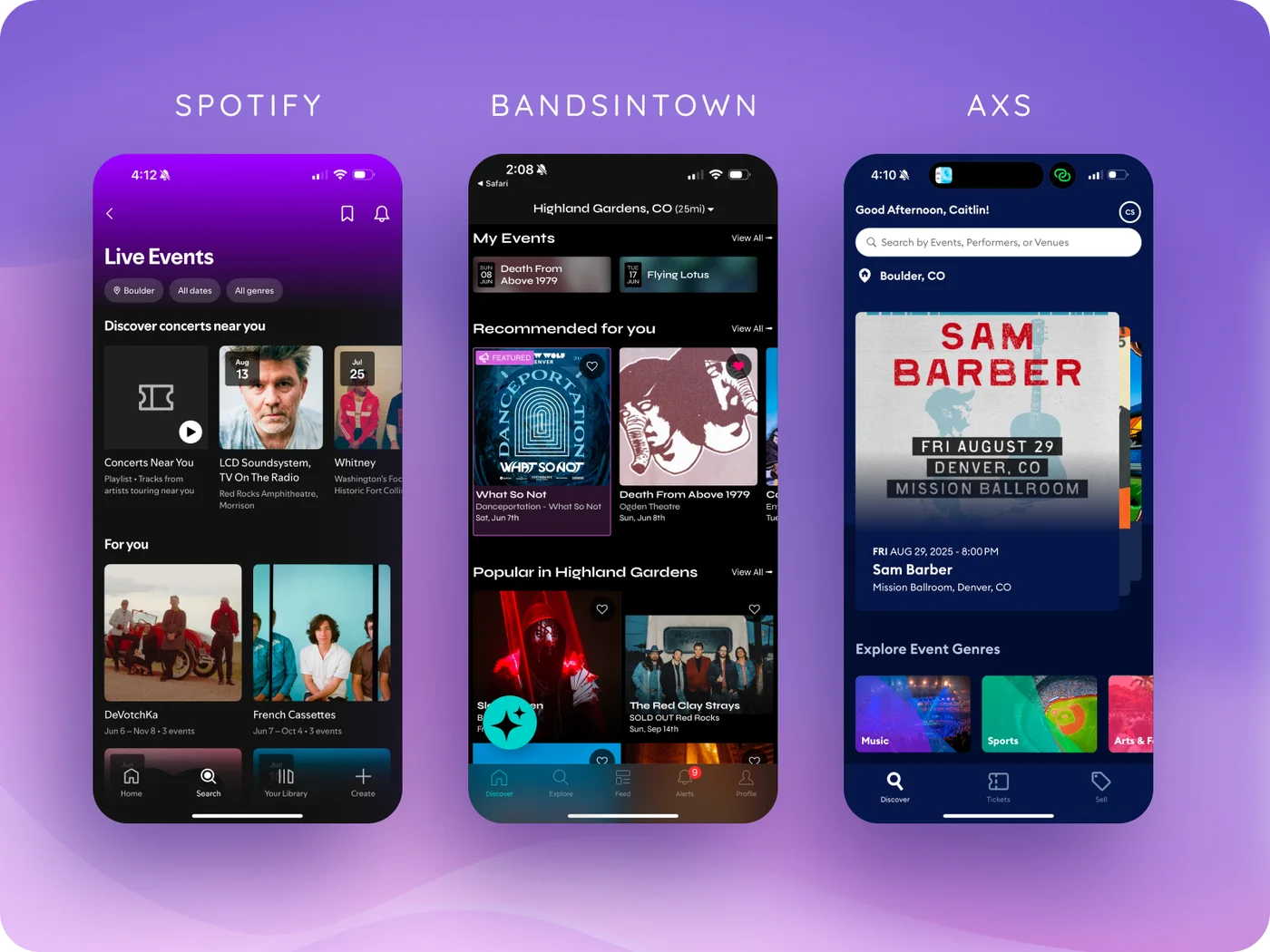 Concert discovery screens from Spotify Live Events, Bandsintown, and AXS side by side on a purple background