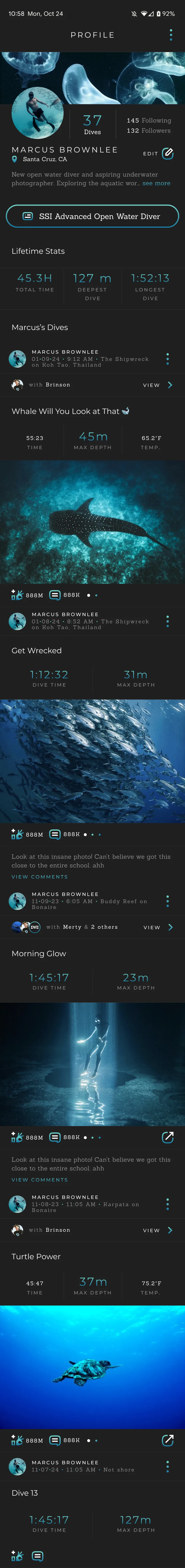 Timeline concept: a chronological feed of dive posts, each with dive time, max depth, a photo, and comments.