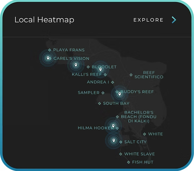 Local heatmap concept: a dark map of Bonaire's dive sites with glowing hotspots and an Explore link