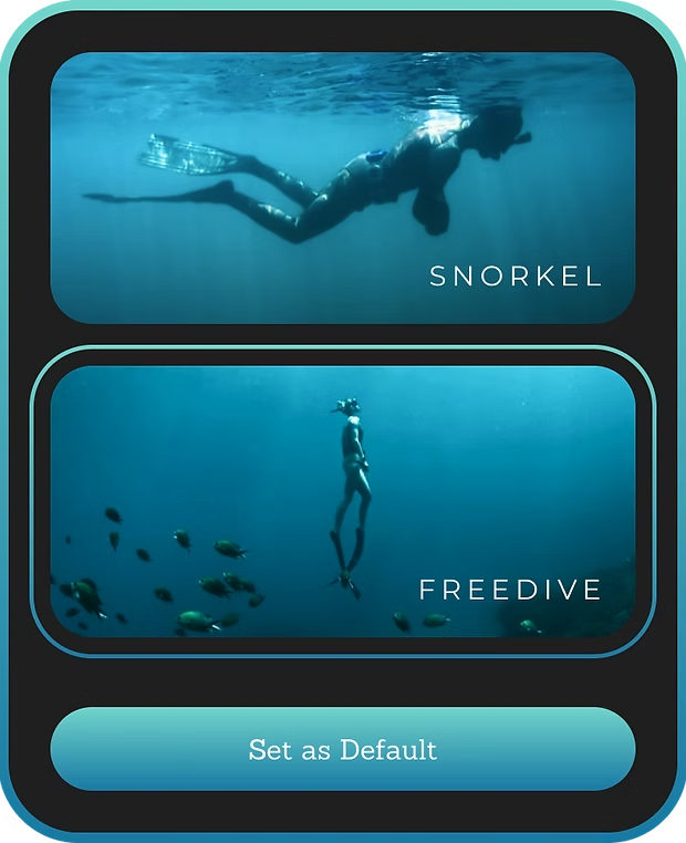 Dive type concept: cards for Snorkel and Freedive with a Set as Default button